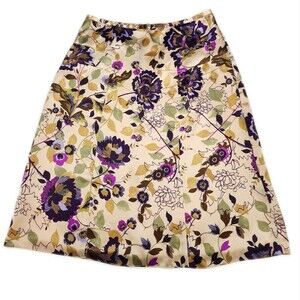 i.e. beautiful gold purple green floral 100% silk vintage midi skirt, size 6